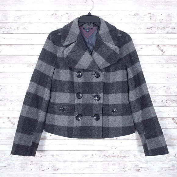Tommy Hilfiger Womens Wool Cropped Pea Coat M Buffalo Plaid Gray 438 - Picture 1 of 4